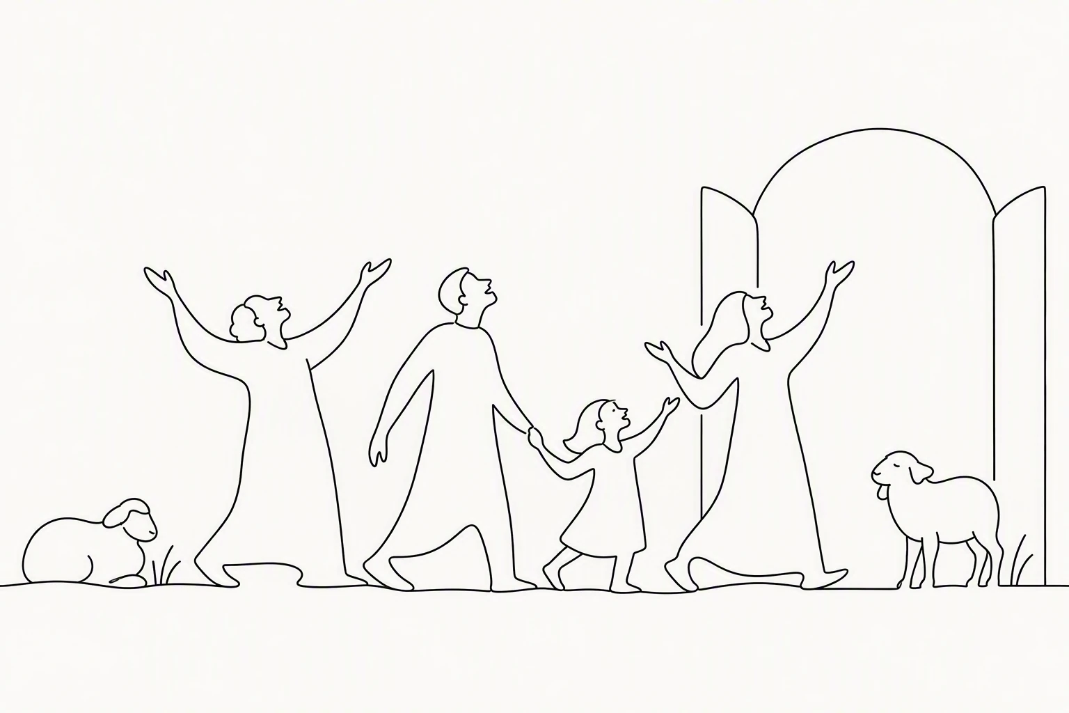 诗篇100线条插画:不同世代的人带着感恩和歌声进入院门。